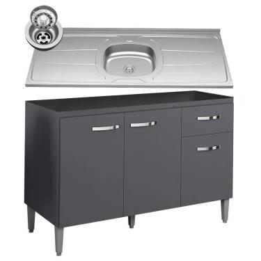 Imagem de Balcão Gabinete Com Pia Inox 120cm 3 Portas E 1 Gaveta Gabriela Cinza - Ajl Móveis