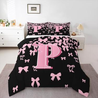 Imagem de jejeloiu Conjunto de cama com laço fofo para meninos e meninas, com letra P, solteiro, preto, rosa, coquete, laço, edredom com monograma, 2 peças com 1 fronha