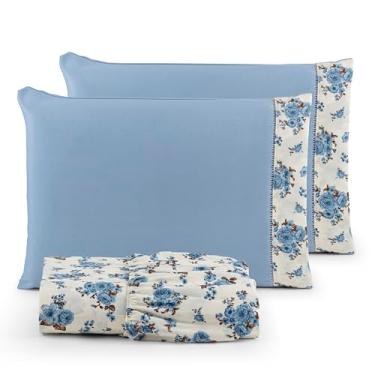 Imagem de Jogo de Lençol Casal Padrão 3 Peças Percal 180 Fios 90% Algodão com Elástico em Toda a Volta e Acabamento Refinado – Conforto, Durabilidade e Estilo (FLORZINHA AZUL)