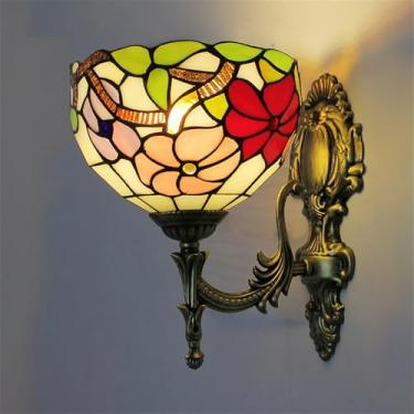 Imagem de Luminária de parede retrô americana com LED, estilo europeu de luxo, para sala de estar, quarto, escritório, casa de campo, hotel, restaurante, café, bar, corredor, com vidro colorido (Estil