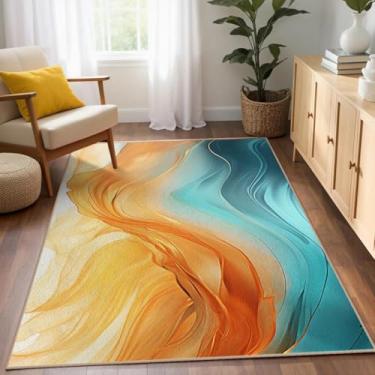 Imagem de Tapete de sala de estar laranja azul-petróleo 7 x 12 cm, tapete decorativo de mármore turquesa para sala de estar, cozinha, quarto, laranja, azul-petróleo dourado, antiderrapante, lavável na máquina