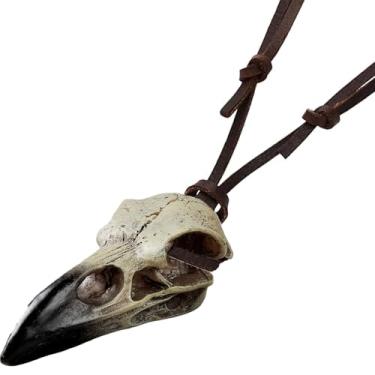 Imagem de tiabchhiz Colar de caveira de corvo, pingente de réplica de caveira de pássaro de corvo gótico viking de resina de osso de bruxa