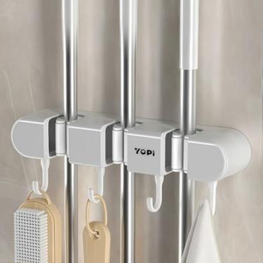 Imagem de Suporte de parede para esfregão e vassoura com 3 compartimentos de garra e 4 ganchos, organizador adesivo sem perfuração para economia de espaço para casa (cinza)