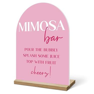 Imagem de Placa de bar Mimosa para mesa, barra de mimosa acrílica minimalista rosa com suprimentos de base para chá de bebê, chá de panela, decorações para festa de casamento, despedida de solteira, suporte de