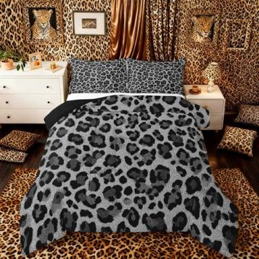 Imagem de jejeloiu Conjunto de edredom com estampa de guepardo, todas as estações, estampa de pele de animal selvagem, conjunto de cama com 2 fronhas, cinza, vida selvagem africana, microfibra, Queen, edredom