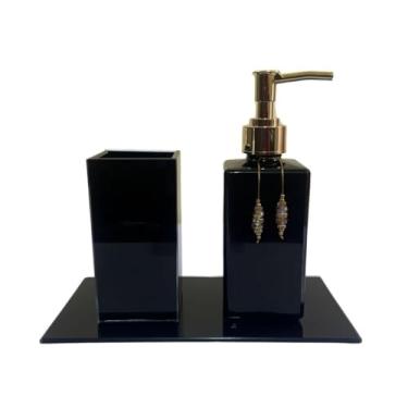Imagem de Kit Lavabo Square 250ml com Porta Escova, Saboneteira e Bandeja Luxo(Preto Total C/Dourado)