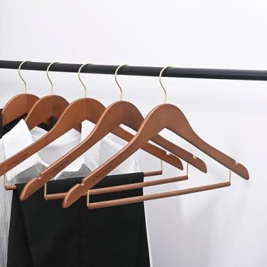 Imagem de Sukkiri Cabides de madeira antiderrapantes com barra de bloqueio, conjunto de 30 cabides curvos resistentes com ganchos giratórios de 360° para viagens, retrô