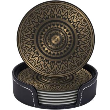Imagem de Porta-copos com suporte, conjunto de 6, porta-copos absorventes de couro sintético rosa mandala dourada preta com base de cortiça para decoração de casa, apartamento, bar, cozinha