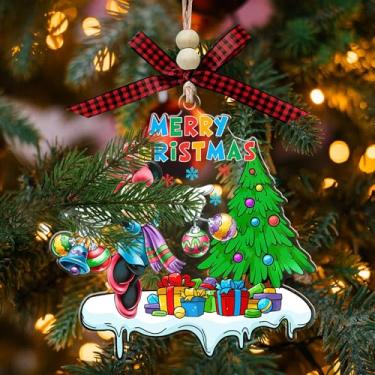 Imagem de Enfeite de acrílico de Natal para meninas, decoração de árvore de férias, enfeite de desenho animado de mouse estilo minnie, presente para crianças, meninos, meninas, fãs (com laço vermelho e contas