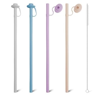 Imagem de Canudos de silicone reutilizáveis com tampa, seguro para mordidas, canudos dobráveis de 30,5 cm para copos Stanley Owala, copos e viagens – Apare para caber em qualquer copo (roxo, azul, rosa, cinza)