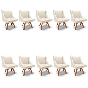 Imagem de Kit 10 Cadeiras Estofadas Para Sala De Jantar Base Giratória De Madeira Lia Sintético Bege - Ibiza