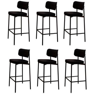 Imagem de Banqueta Alta Bar Estofada Kit 6 Ella M25 Linho Preto - Mpozenato