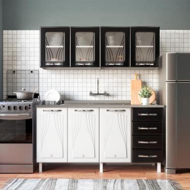 Imagem de Armário De Cozinha De Aço Star 2 Peças Com Vidro E Balcão Para Pia – Branco/preto Branco Com Preto