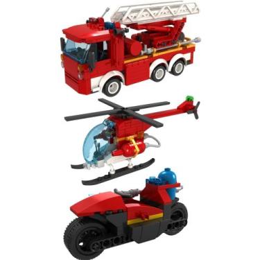 Imagem de COMP Kit Blocos de Montar Bombeiros: Caminhão + Helicóptero + Motocicl