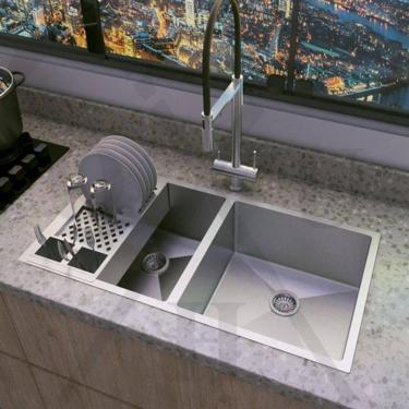 Imagem de Cuba Dupla Aço Inox Dupla Cozinha Gourmet Luxo Escorredor Lixeira