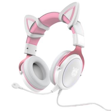 Imagem de Tangxi Fone de Ouvido Bonito para Jogos Com Microfone Removível, Fones de Ouvido Com Fio USB de 3,5 Mm e RGB, Redução de Ruído e Som Estéreo para Computador (Rosa Branco com Decoração de Orelhas de