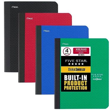 Imagem de Five Star Livros de composição DuraShield com capas antimicrobianas, pacote com 4, 1 assunto, papel pautado largo, 28 x 21 cm, 100 folhas, preto, vermelho, azul cobalto, verde elétrico (950008)