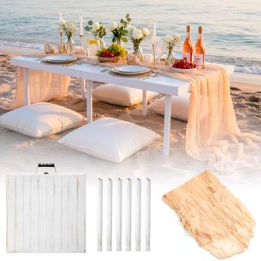 Imagem de Sintuff Mesa de piquenique dobrável Boho de madeira de 54,5 x 109 cm, corredor de mesa de praia baixo portátil de madeira de pinho para 2 a 4 pessoas, ambientes internos e externos, piquenique