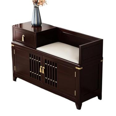 Imagem de uhyOHF Banco para os pés, banco para mudança de sapatos de madeira maciça para casa, armário de sapatos estilo chinês, banco de troca de sapatos longo para uso doméstico com trocador de armário de