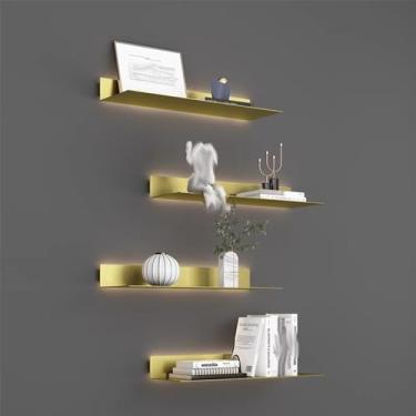 Imagem de Prateleiras de parede flutuantes, arte de ferro com luzes, prateleira de exibição de divisória de metal, prateleira de livros simples montada na parede, prateleira luminosa de uma palavra (ouro - 60 x