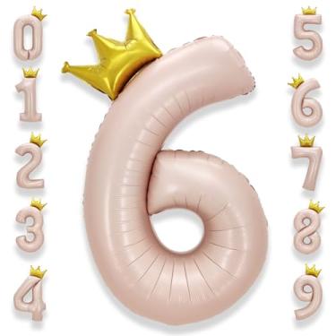 Imagem de AULE Número de balões rosa grande de 101 cm com coroa grande número de hélio balões 0-9 jumbo gigante feliz 6º aniversário decorações de festa enorme Mylar artigos de festa de aniversário