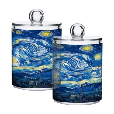 Imagem de Qilmy Qtip Suporte de 400 ml, frasco de armazenamento de boticário de plástico transparente The Starry Night Art com tampa, dispensador de recipiente de banheiro para bola de algodão, cotonete, fio
