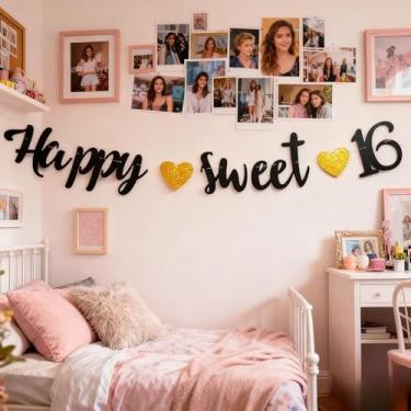 Imagem de Faixa Happy Sweet 16 pré-amarrada (sem faça você mesmo) - Papel dourado com glitter dupla face e cartolina premium | Decorações de festa de aniversário de 16 anos para quarto, local de festa |