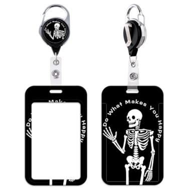 Imagem de Porta-crachá de caveira preta esqueleto retrátil com suporte de identidade, clipe engraçado para chaves e crachás de identificação para mulheres, crianças e homens, porta-identidade, porta-identidade