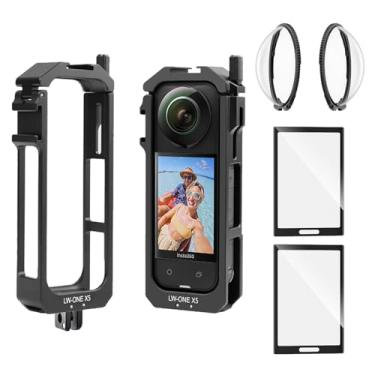 Imagem de debous Insta 360 X5 Capa de gaiola de moldura de alumínio bolsa premium de vidro protetor de tela para Insta360 X5 X 5 kit de acessórios capa protetora de metal antiarranhões (preto)