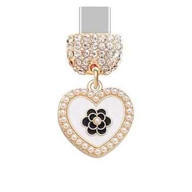 Imagem de ELISE & FONDA TP1008 Tipo-C Porta de carregamento Cristal Antipoeira Plug Little Love Heart com pingente de celular rosa para iPhone 15/16/Samsung/OnePlus/Xiaomi/oppo telefones Android (Branco)