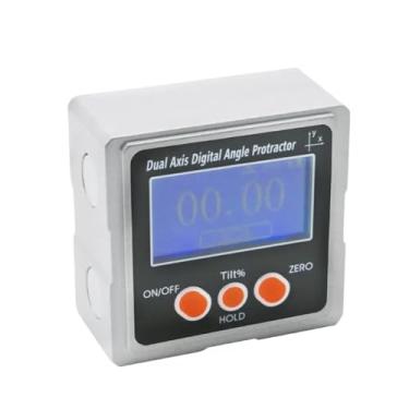 Imagem de Aoleaby Transferidor de inclinômetro digital de eixo duplo de metal, localizador de ângulo digital, caixa chanfrada com base magnética de 3 lados com luz de fundo