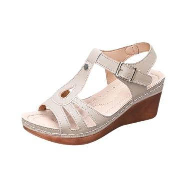 Imagem de Sandálias femininas elegantes e casuais, cor sólida, versáteis, verão, vazadas, boca de peixe, salto grosso, fivela reta com salto cunha, Bege, 39