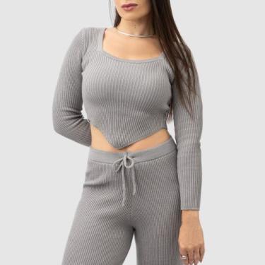 Imagem de Cropped Tricot Modal Feminino Ponta Texturizado Manga Longa Inverno Fa