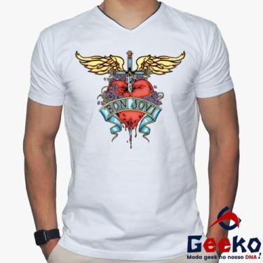 Imagem de Camiseta Bon Jovi 100% Algodão Rock Geeko, Branco gola v, GG