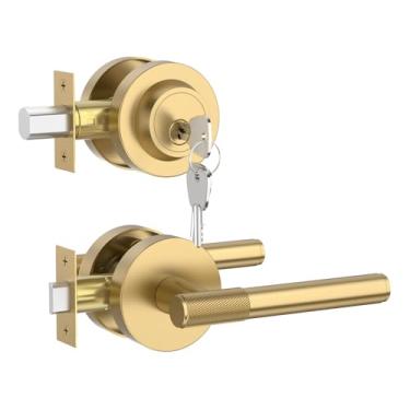 Imagem de Asidrama Conjunto de fechadura frontal de liga de zinco bronze champanhe premium: fechadura de cilindro duplo, maçaneta de segurança resistente para portas externas esquerda/direita, fechaduras de