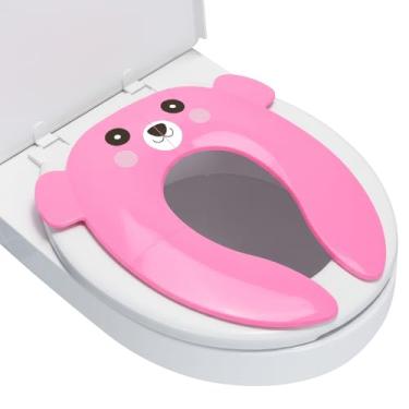 Imagem de Assento sanitário portátil para viagem de crianças pequenas - Capa de assento de vaso sanitário dobrável antiderrapante para meninas, bebês crianças com bolsa de cordão (urso rosa)