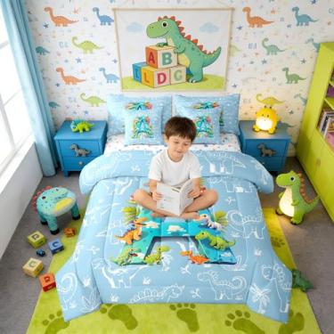 Imagem de Erosebridal Jogo de edredom solteiro de dinossauro fofo com 7 peças, letra A com letra inicial de animais selvagens, dinossauros da selva, conjunto de cama para crianças e adultos