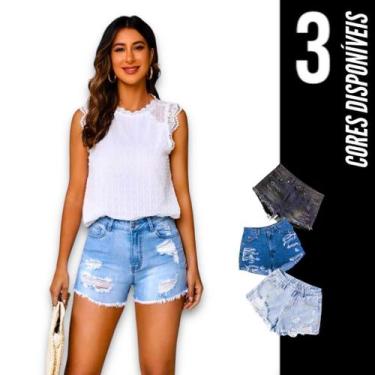 Imagem de Shorts Jeans Rasgado Feminino Casual Elastano Slim 488 - IRON, Azul, C