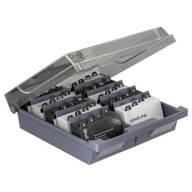 Imagem de Uniclife Porta-cartões de visita para mesa, organizador de cartões de visita de plástico grande com divisórias de tampa e abas de índice A-Z, porta-cartões de visita de mesa, caixa de armazenamento de