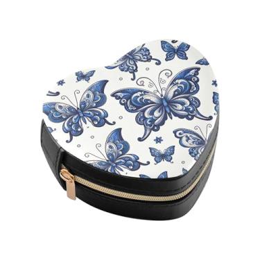 Imagem de Burbuja Mini caixa de joias azul Paisley borboletas em forma de coração para mulheres e meninas, estojo portátil organizador de armazenamento para brincos, anéis, colares pulseiras