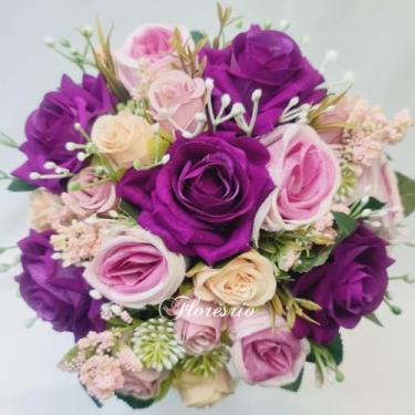 Imagem de Buquê de Noiva Artificial com Flores Coloridas para Casamento Civil ou Religioso(00525/Roxo/Rosa/Creme)