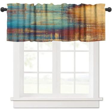 Imagem de Cortinas de cozinha azul laranja sanefas, pintura de arte abstrata vintage cortina curta tratamento de janela, arte abstrata moderna cortinas de saia de cozinha para sala de estar quarto banheiro 137