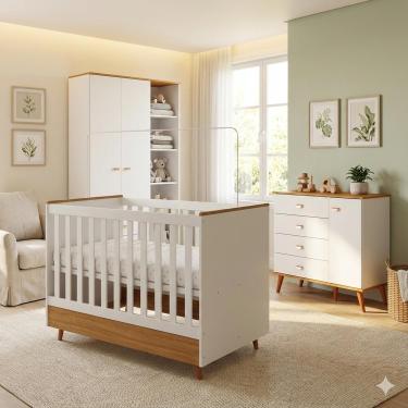 Imagem de Conjunto Quarto Infantil Ternura Bartira + Herval – Cômoda 5 Gavetas Berço 2 em 1 Guarda-Roupa 2 Portas Colchão Espuma D18