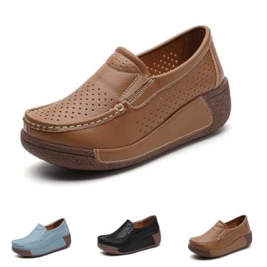 Imagem de Mocassim feminino plataforma sem cadarço moderno, leve, confortável, respirável, bico redondo, plataforma baixa, Marrom vazado, 34