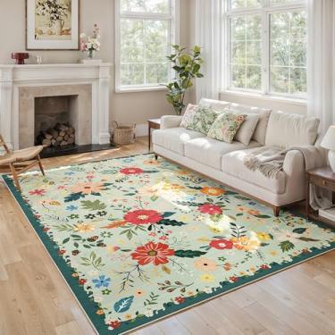Imagem de Tapete lavável para sala de estar, tapete floral verde, tapete de flores macias, tapetes grandes para quarto, sala de jantar, escritório, sala de jogos infantis, berçário, verde sálvia