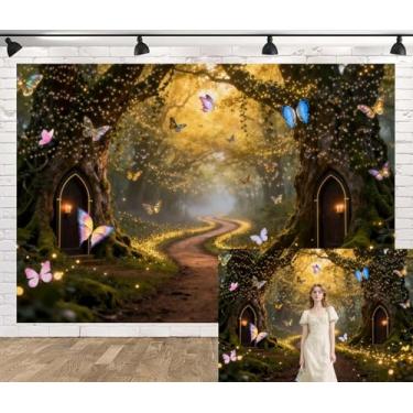 Imagem de Cenário de floresta encantada de primavera, 3 x 2,4 m, conto de fadas, floresta enevoada, cenário fotográfico, caminho de borboleta, pano de fundo de porta retrô para crianças, contos de fadas e tema