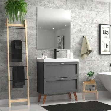 Imagem de Gabinete Para Banheiro Com Cuba E Espelho 80cm Retro Mdf Grafite Milano - On Móveis