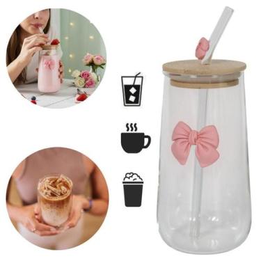 Imagem de Copo De Vidro Fofo Com Tampa E Canudo Laço De Coquette 500Ml - Tesla S