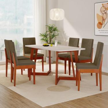Imagem de Conjunto Sala de Jantar Califórnia 6 Lugares Retangular Madeira Maciça Dakota Caramelo/Marrom/Off White