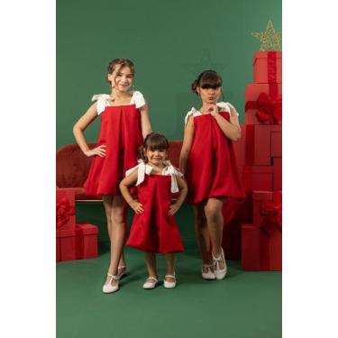Imagem de Vestido Infantil Menina Festas Balonê Alça Amarração Laço - Vermelho E